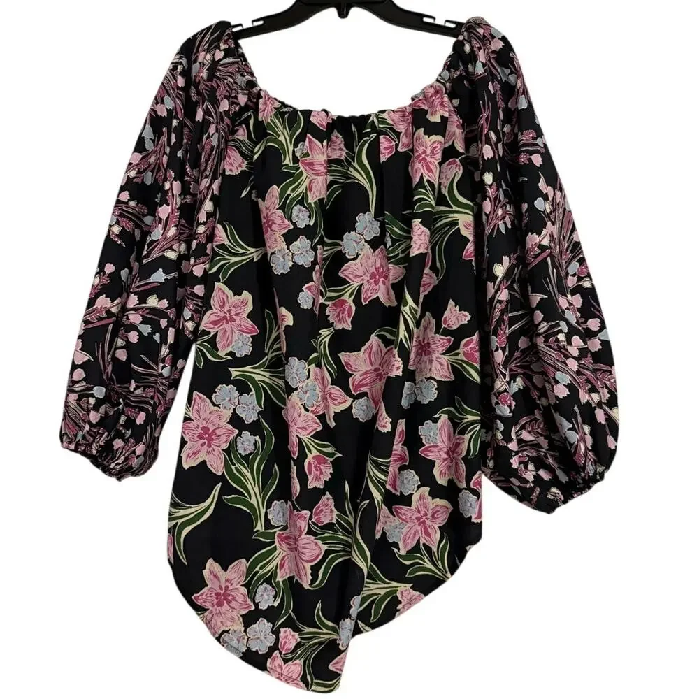 Free People Floral Boho Peasant Top S Puff Sleeve Off Shoulder Blouse w Pockets